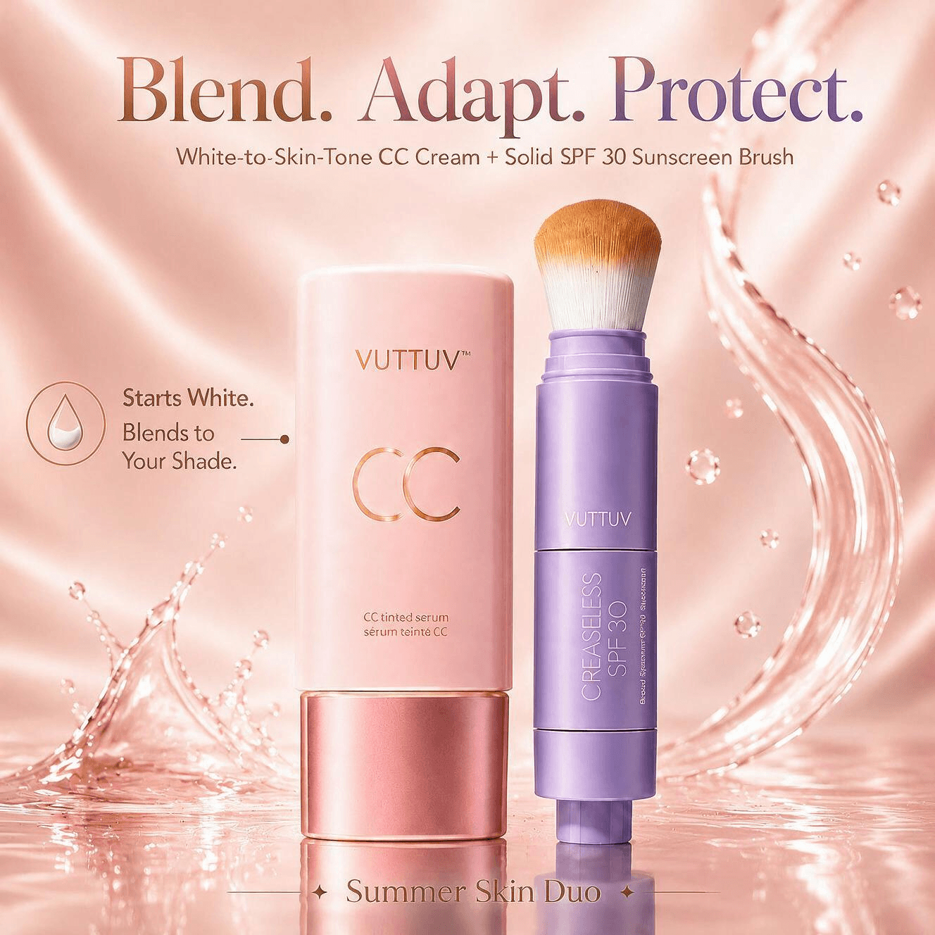 VUTTUV Summer Skin Essentials Set — CC Serum + Solid SPF 30 Sunscreen Brush